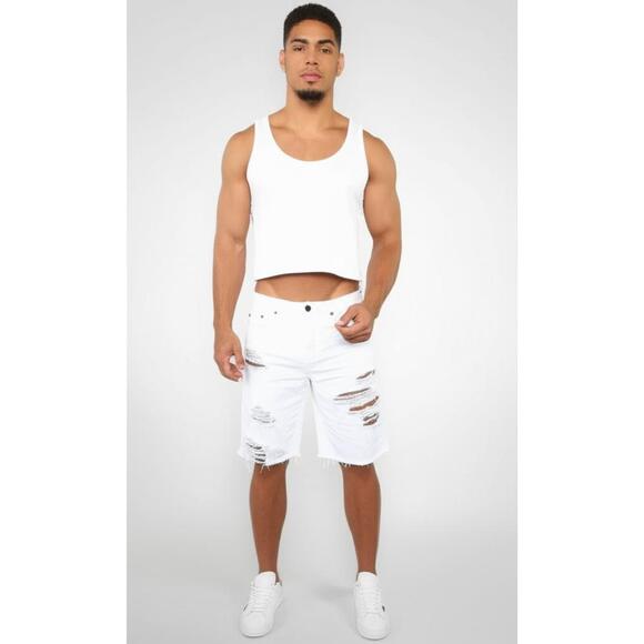 Fashion Nova Bermuda Shorts Mens White Ripped Distressed Raw Hem Urban - Picture 1 of 4